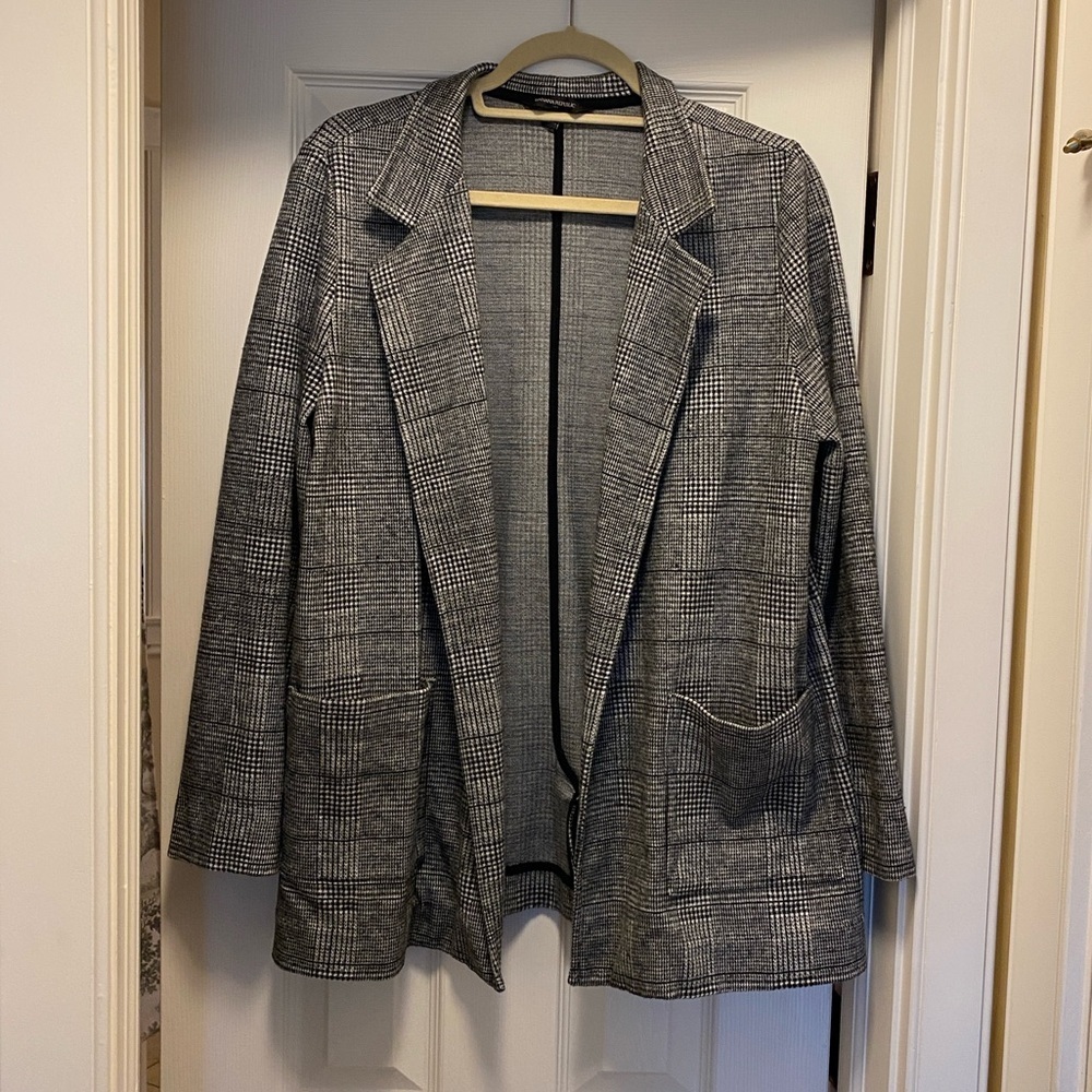 Banana Republic Women’s Knit Blazer Black White Check Plaid Large